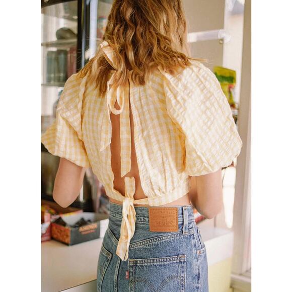 urban outfitters yellow gingham puff sleeve tie back top - Picture 1 of 4